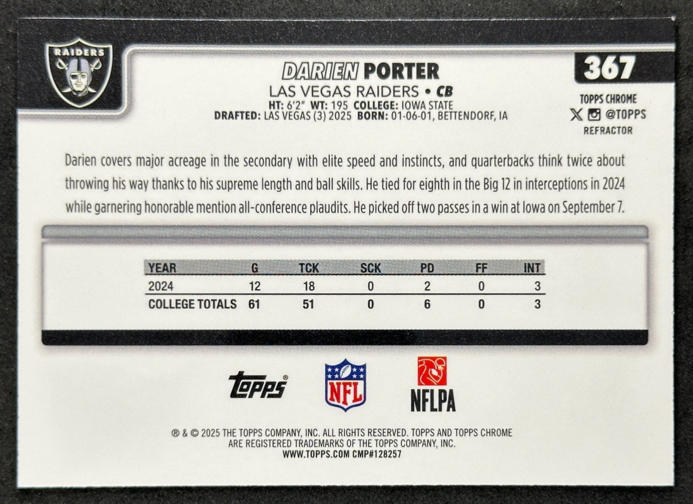 Darien Porter 2025 Topps Chrome Rookie Refractor Raiders Sports Trading Card