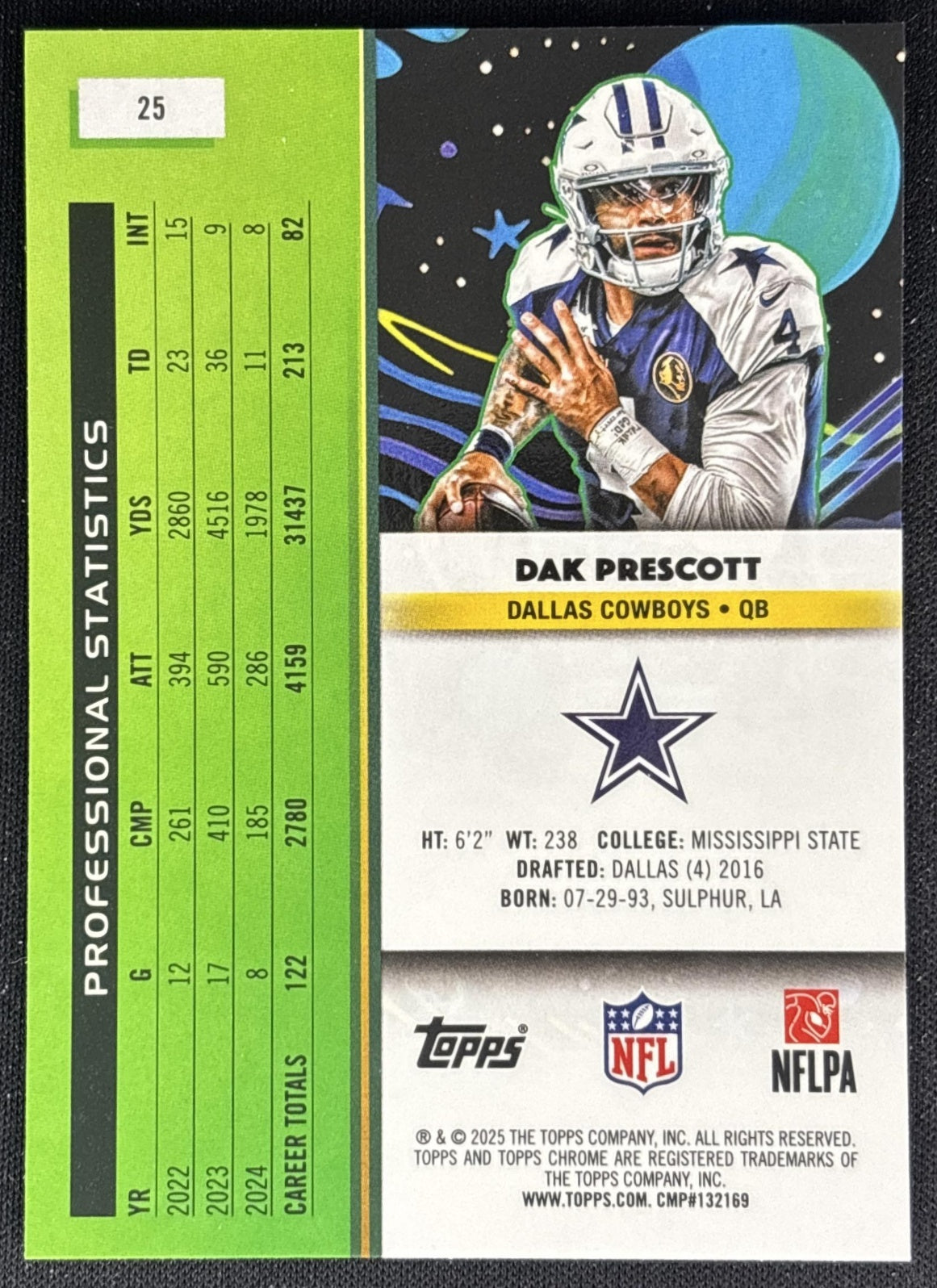 Dak Prescott 2025 Topps Cosmic Chrome Cowboys back