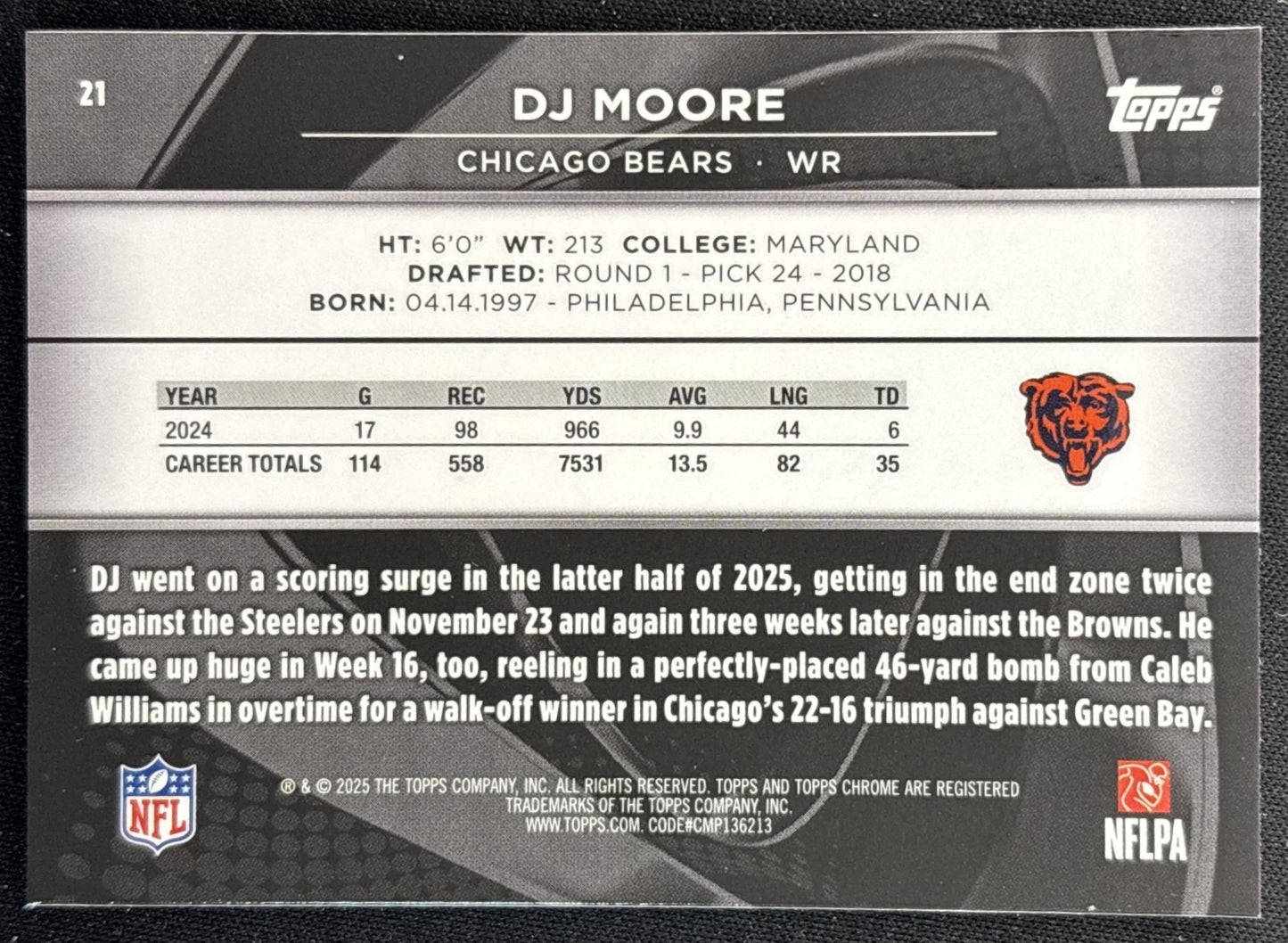 DJ Moore 2025 Topps Chrome Black Bears back
