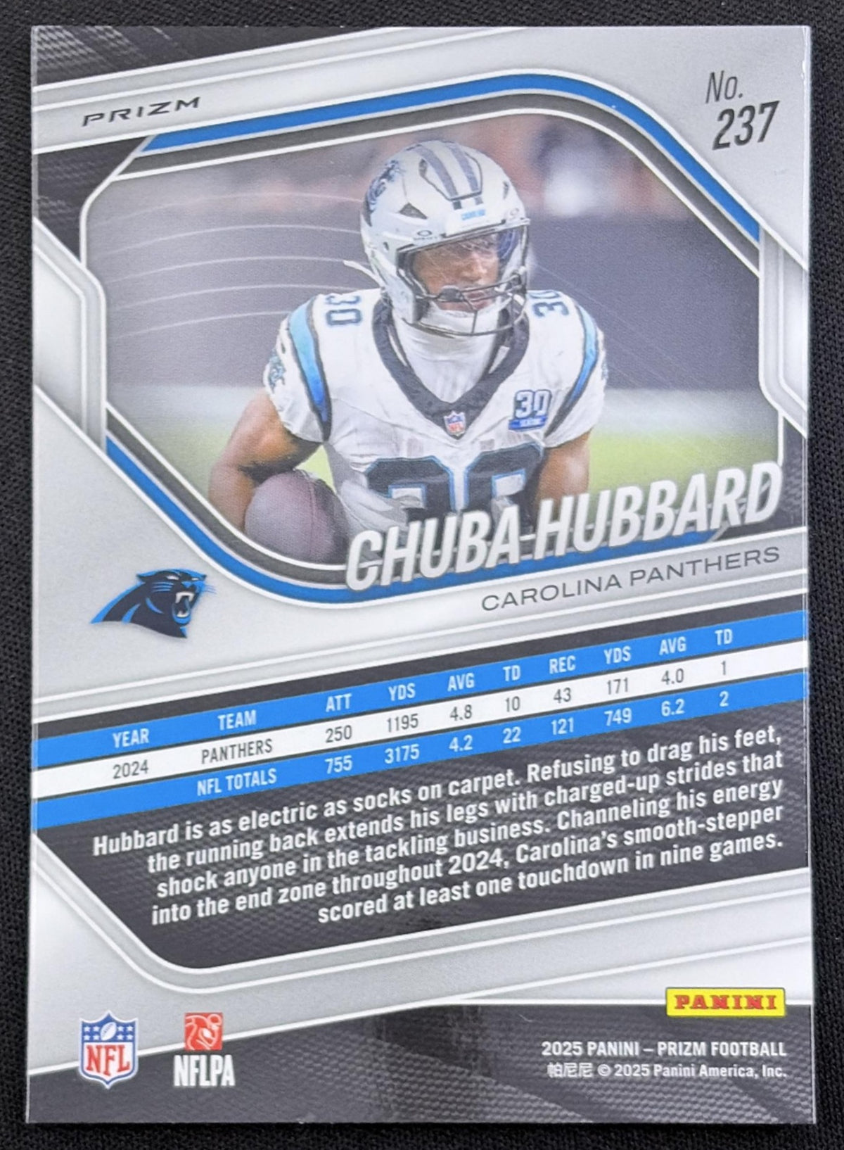 Chuba Hubbard 2025 Panini Prizm No Huddle Panthers Carolina Panthers