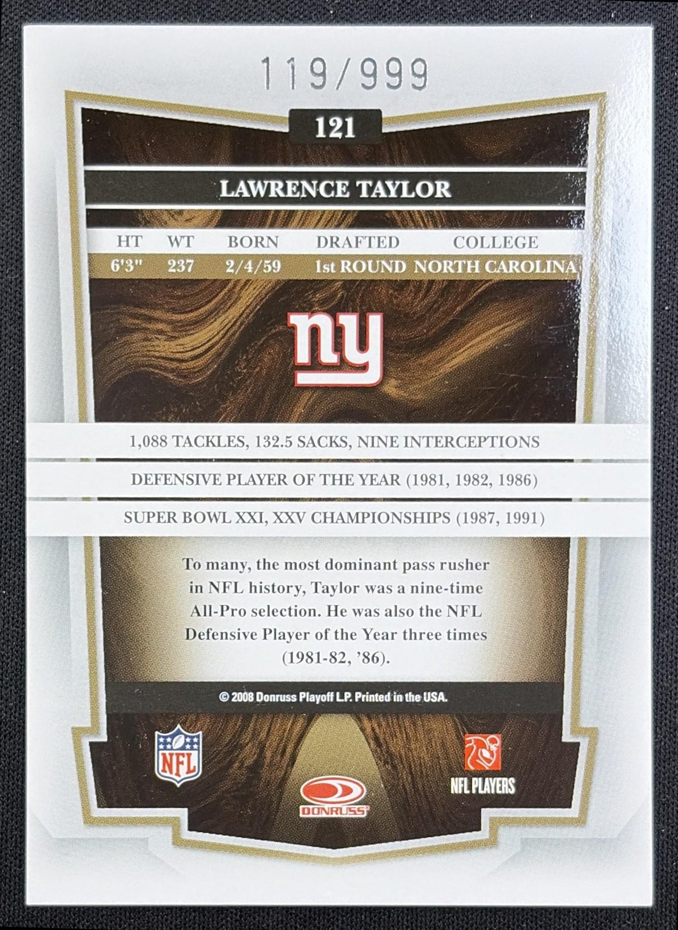 Lawrence Taylor 2008 Donruss Classics /999 Giants
