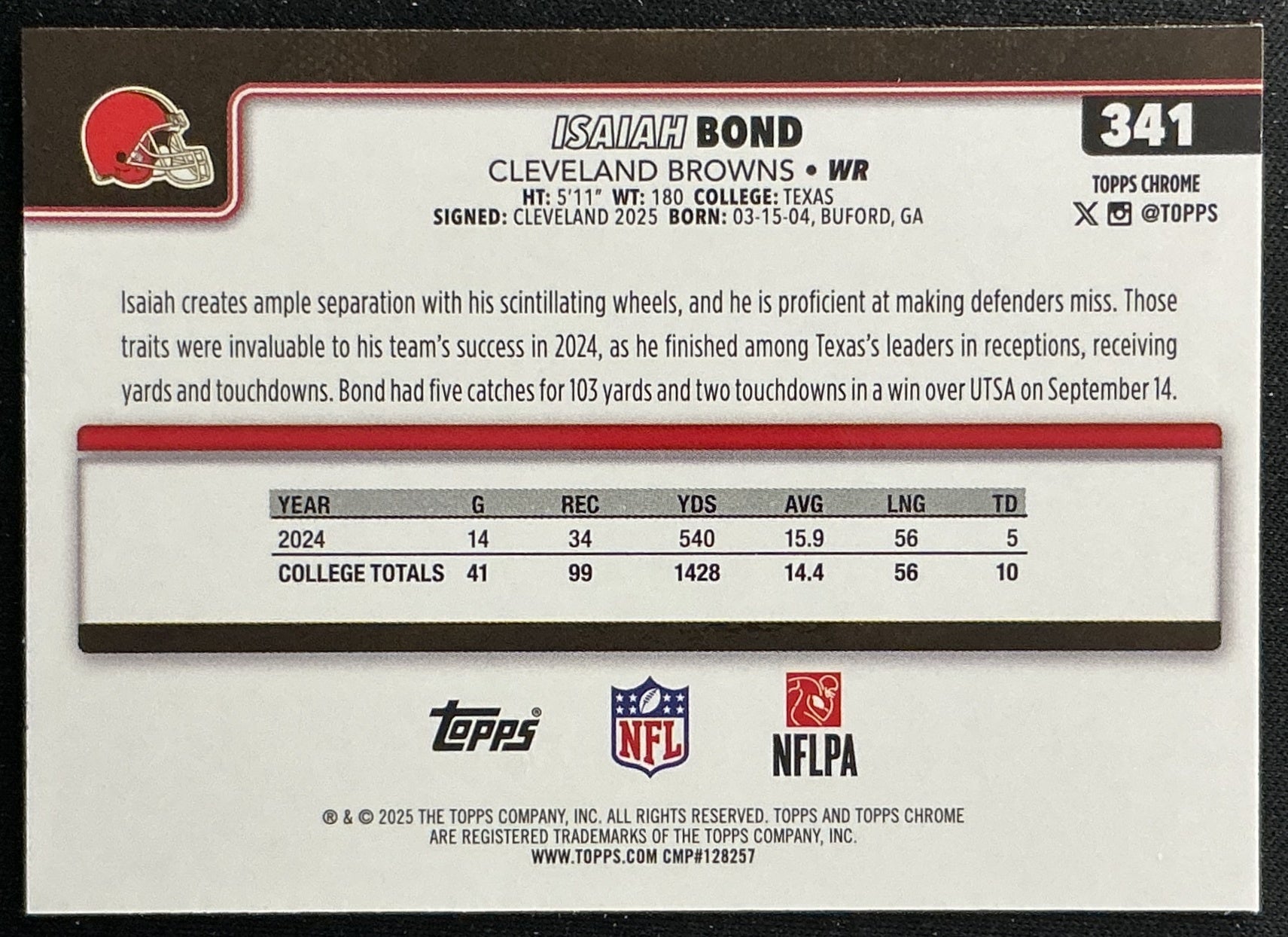 Isaiah Bond 2025 Topps Chrome Rookie Browns Sports Trading Cards