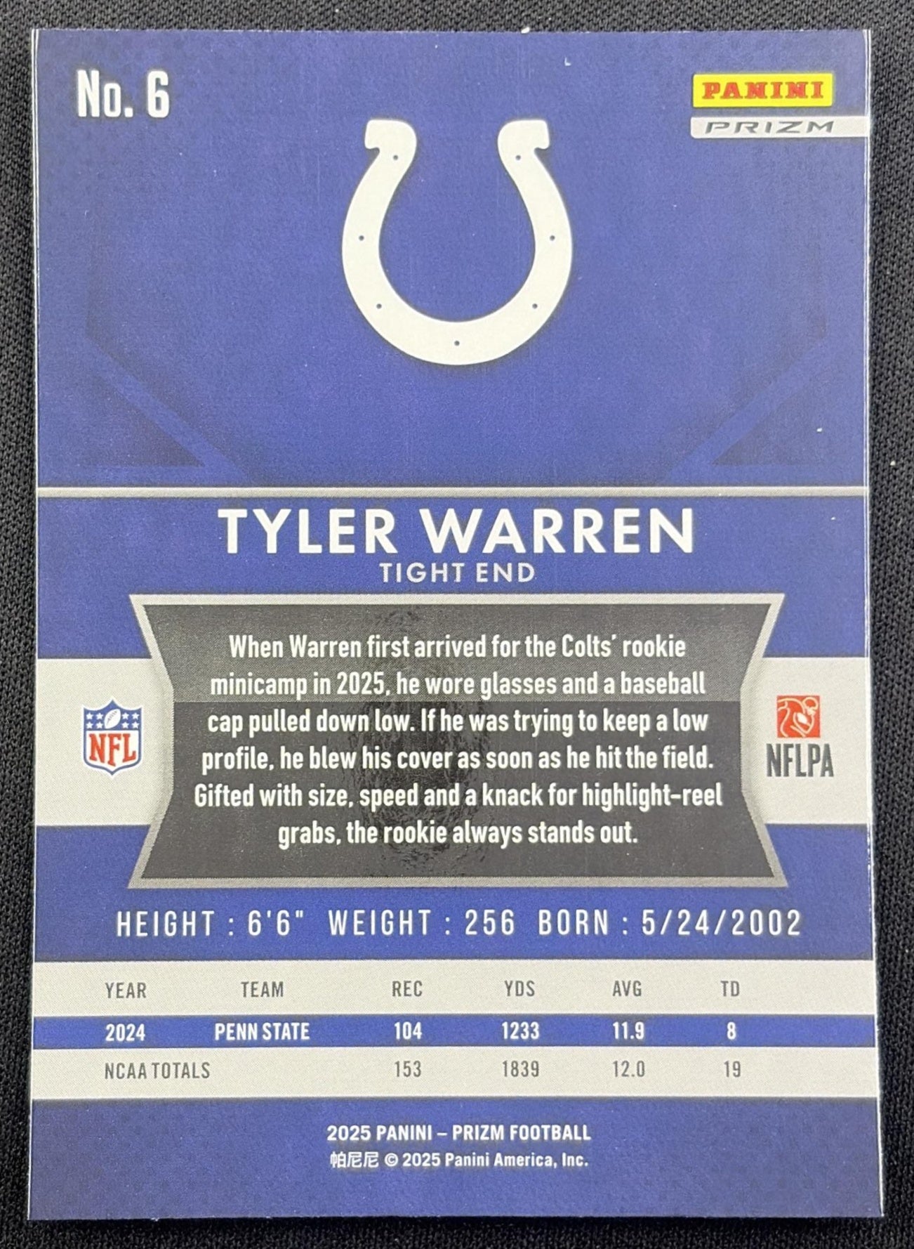 Tyler Warren 2025 Panini Prizm Rookie Flashback No Huddle Colts Indianapolis Colts