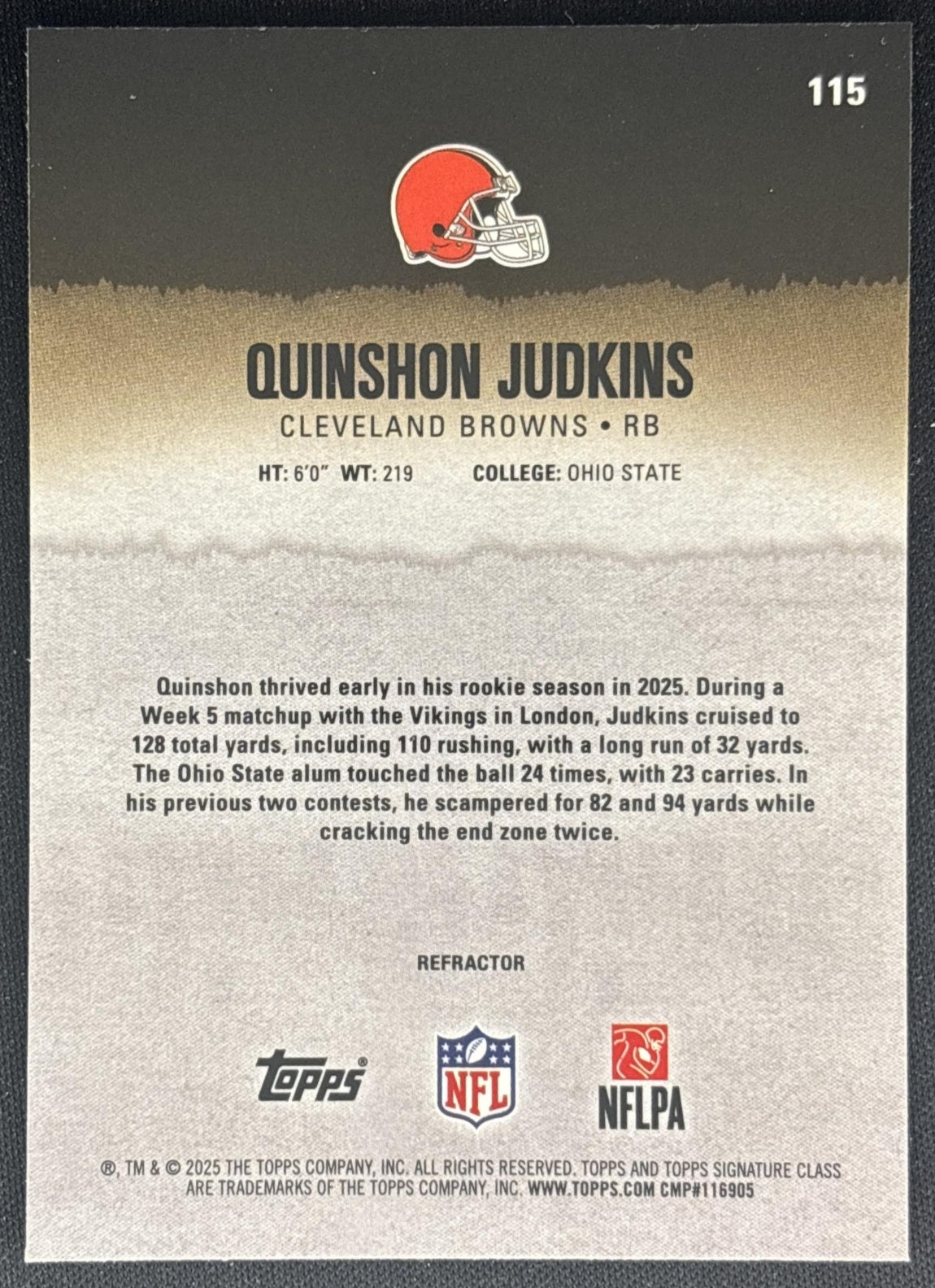 Quinshon Judkins 2025 Signature Class Chrome Rookie Refractor Browns back