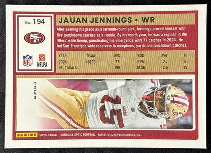 Jauan Jennings 2025 Panini Donruss Optic Holo Prizm 49ers back