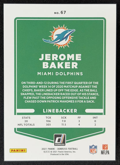 Jerome Baker 2021 Panini Donruss Press Proof Premium Dolphins Sports Trading Card