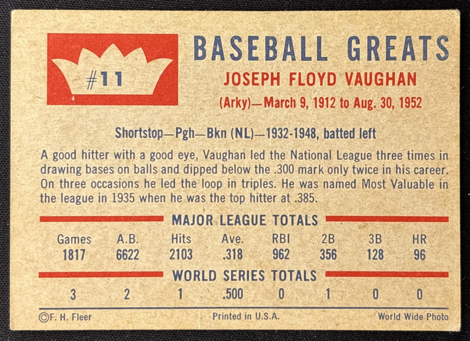 Arky Vaughan 1960 Fleer Baseball Greats back