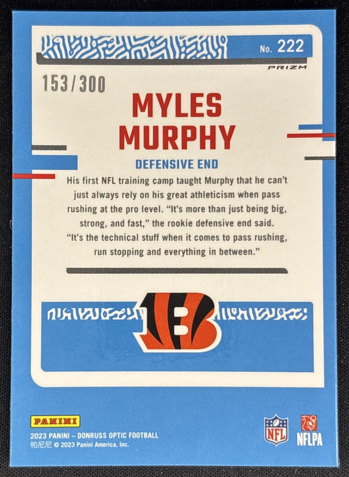 Myles Murphy 2023 Panini Donruss Optic Wave Prizm /300 Bengals back