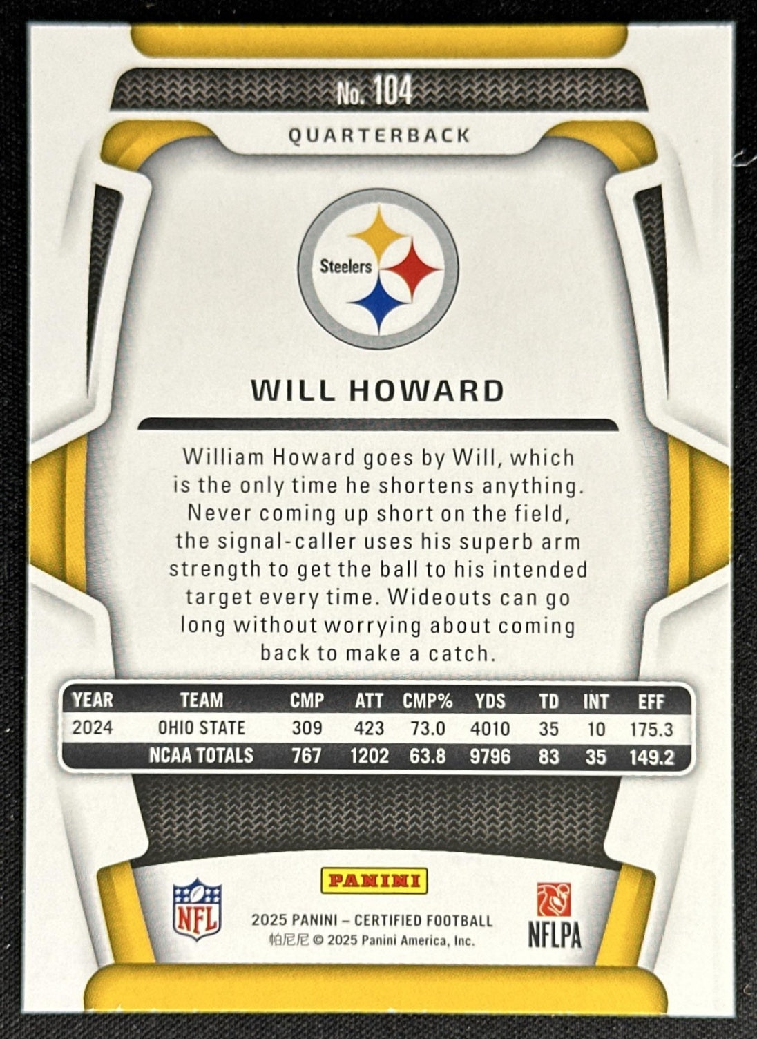 Will Howard 2025 Panini Certified Rookies /499 Steelers