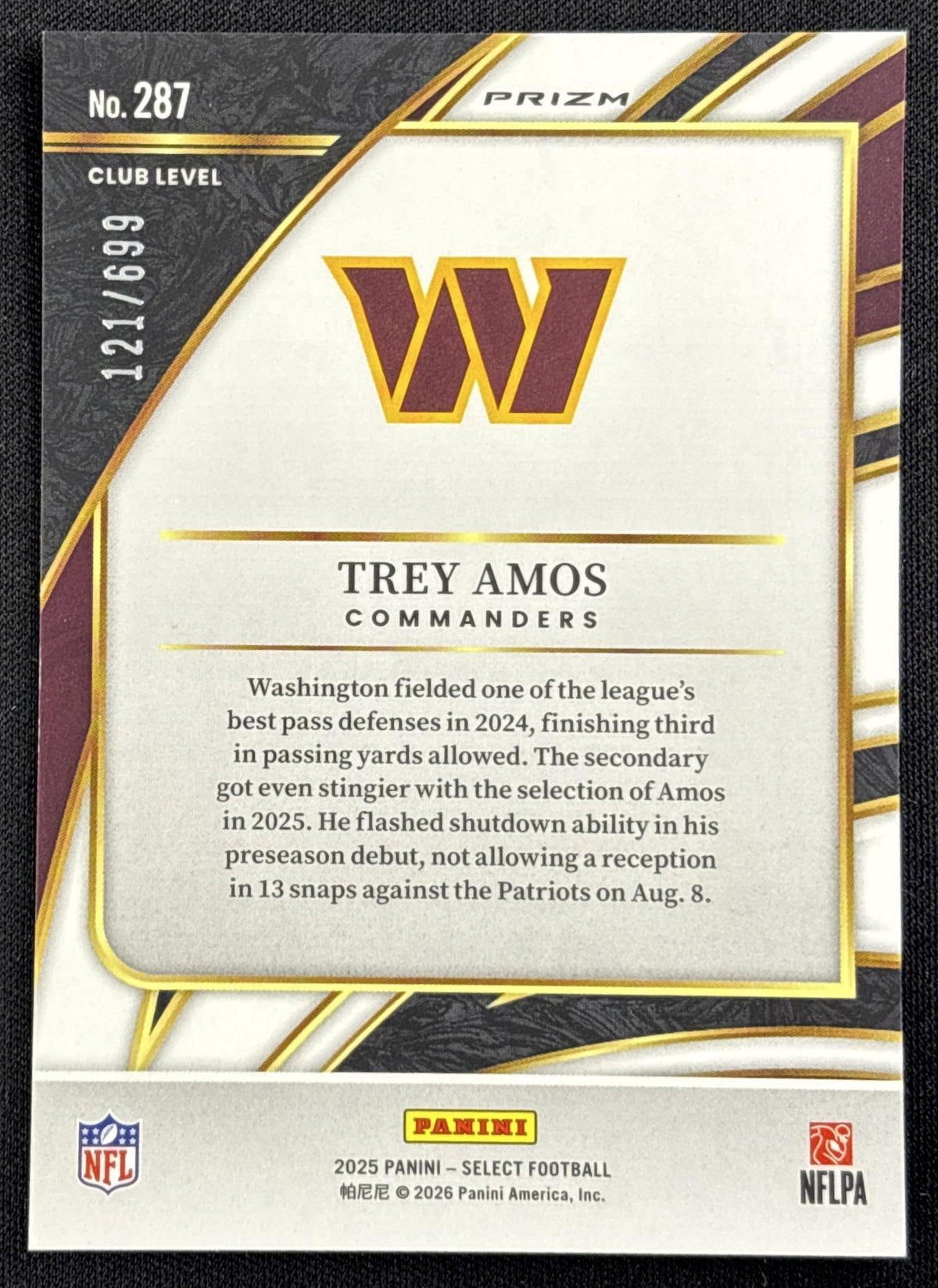 Trey Amos 2025 Panini Select Club Level Neon Green Prizm Shock /699 Commanders