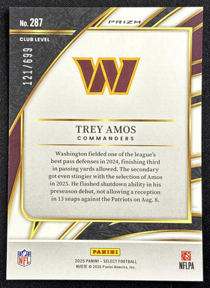 Trey Amos 2025 Panini Select Club Level Neon Green Prizm Shock /699 Commanders