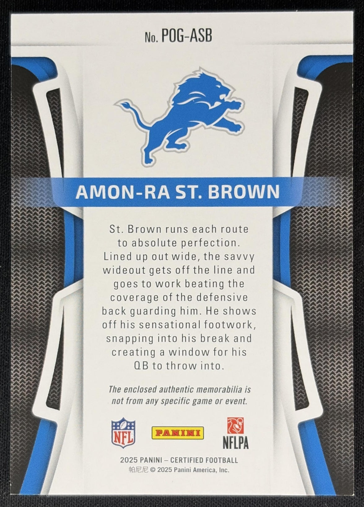 Amon-Ra St. Brown 2025 Panini Certified Piece of the Game /299 Lions Sports Trading Cards