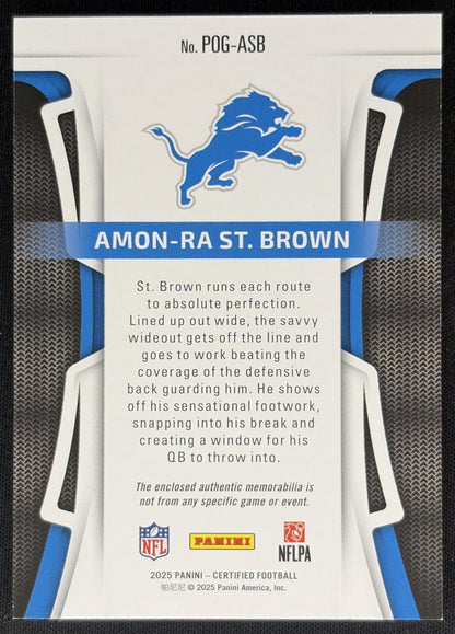 Amon-Ra St. Brown 2025 Panini Certified Piece of the Game /299 Lions Sports Trading Cards