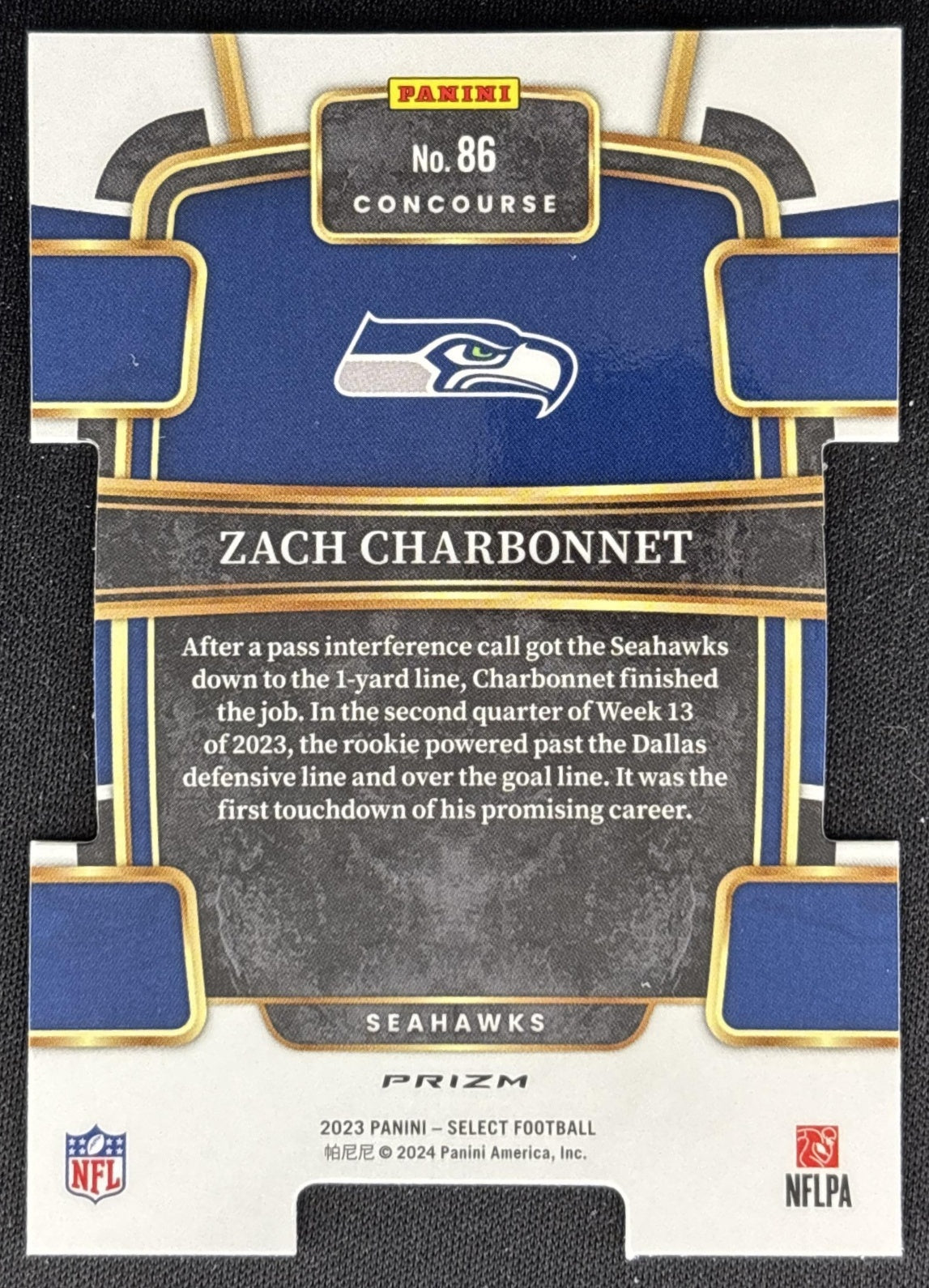 Zach Charbonnet 2023 Panini Select Black and Gold Prizms Die Cut Seahawks Sports Trading Cards