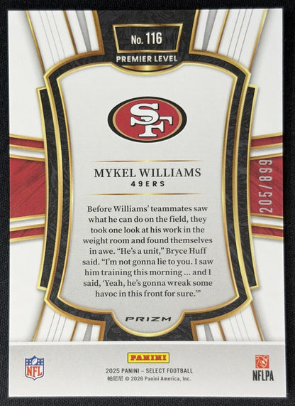 Mykel Williams 2025 Panini Select Premier Level Copper Prizm Shock /899 49ers back