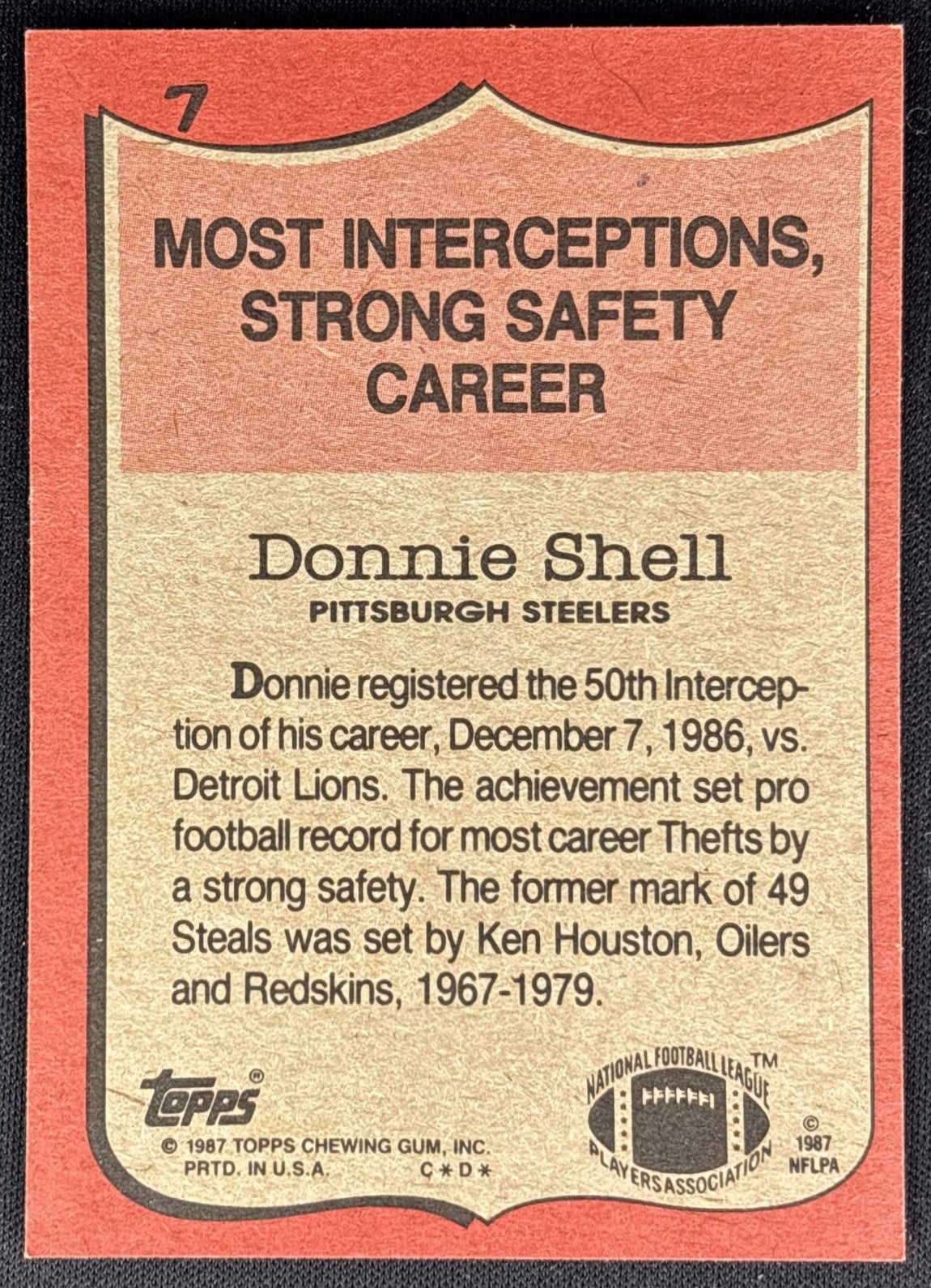 Donnie Shell 1987 Topps Steelers - Back