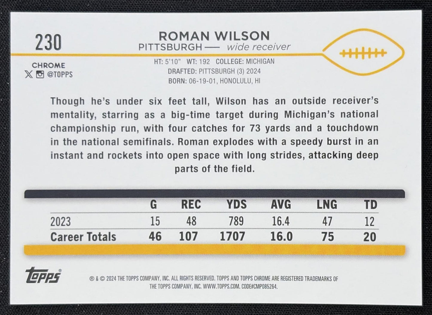 Roman Wilson 2024 Topps Chrome Sapphire Edition Orange Refractor /25 Steelers Pittsburgh Steelers