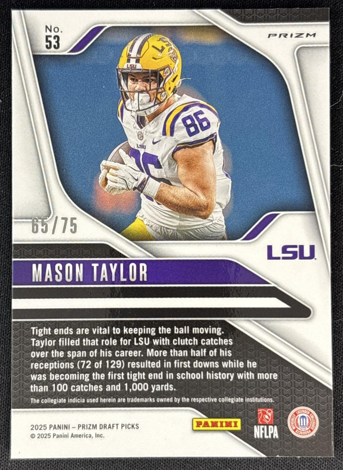 Mason Taylor 2025 Panini Prizm Draft Picks Orange Pulsar /75 Tigers Back