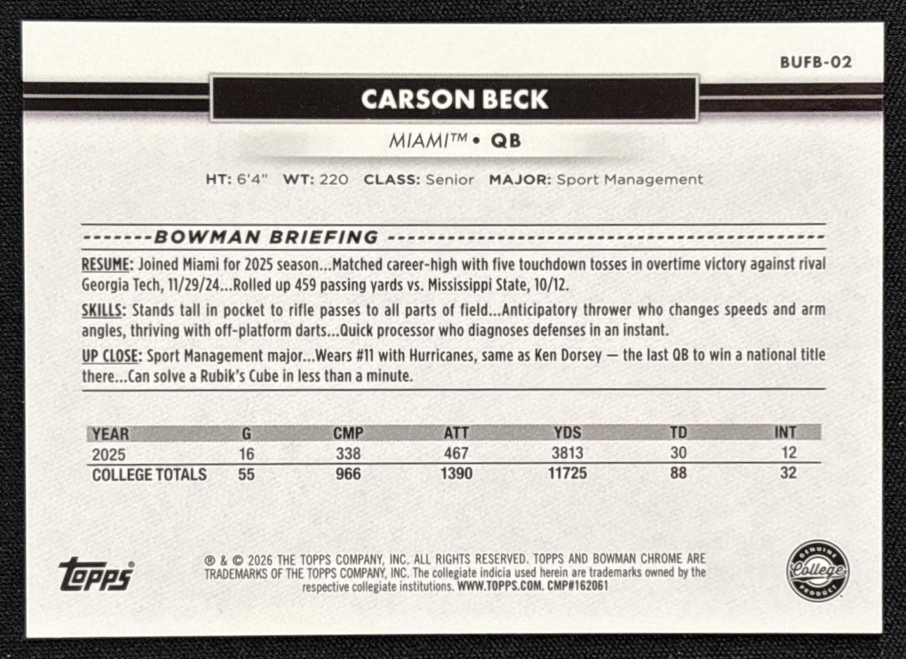 Carson Beck 2026 Topps NSCC Collection Bowman U Chrome Orange Raywave /25 Sports Trading Cards