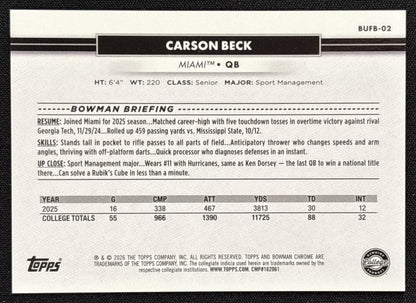 Carson Beck 2026 Topps NSCC Collection Bowman U Chrome Orange Raywave /25 Sports Trading Cards