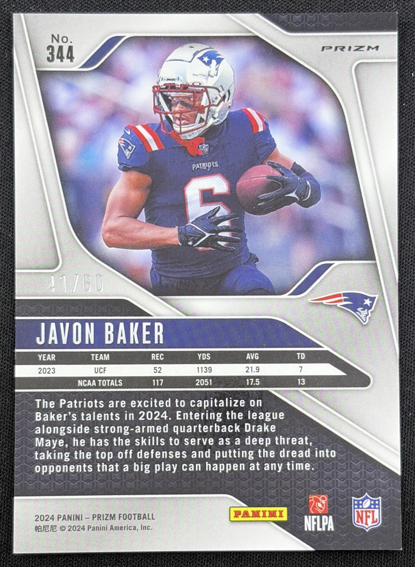 Javon Baker 2024 Panini Prizm Orange Wave /60 Patriots back