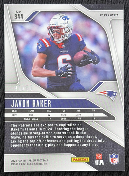 Javon Baker 2024 Panini Prizm Orange Wave /60 Patriots back