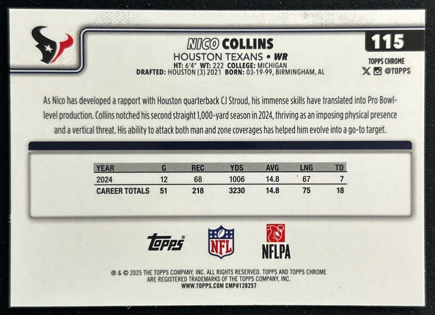 Nico Collins 2025 Topps Chrome Texans Sports Trading Cards