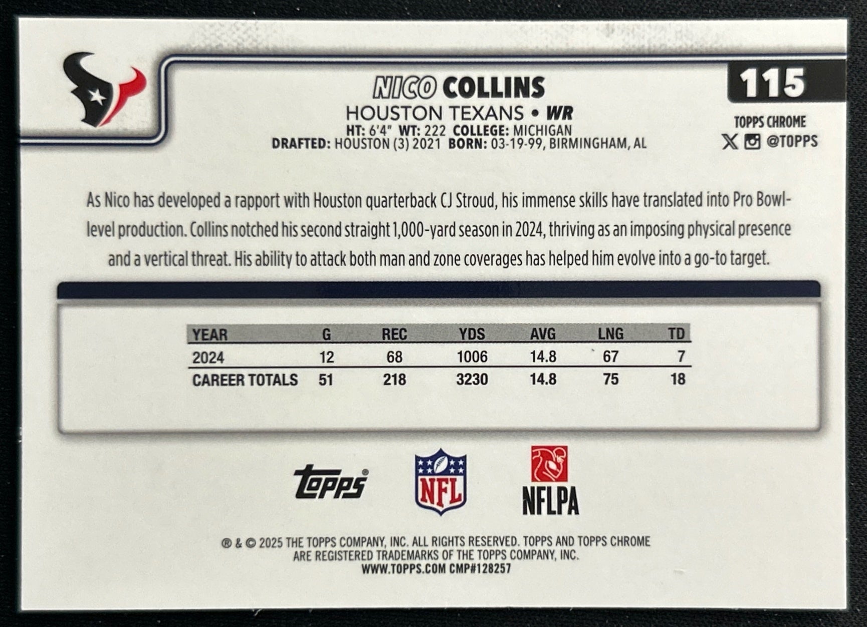 Nico Collins 2025 Topps Chrome Texans Sports Trading Cards