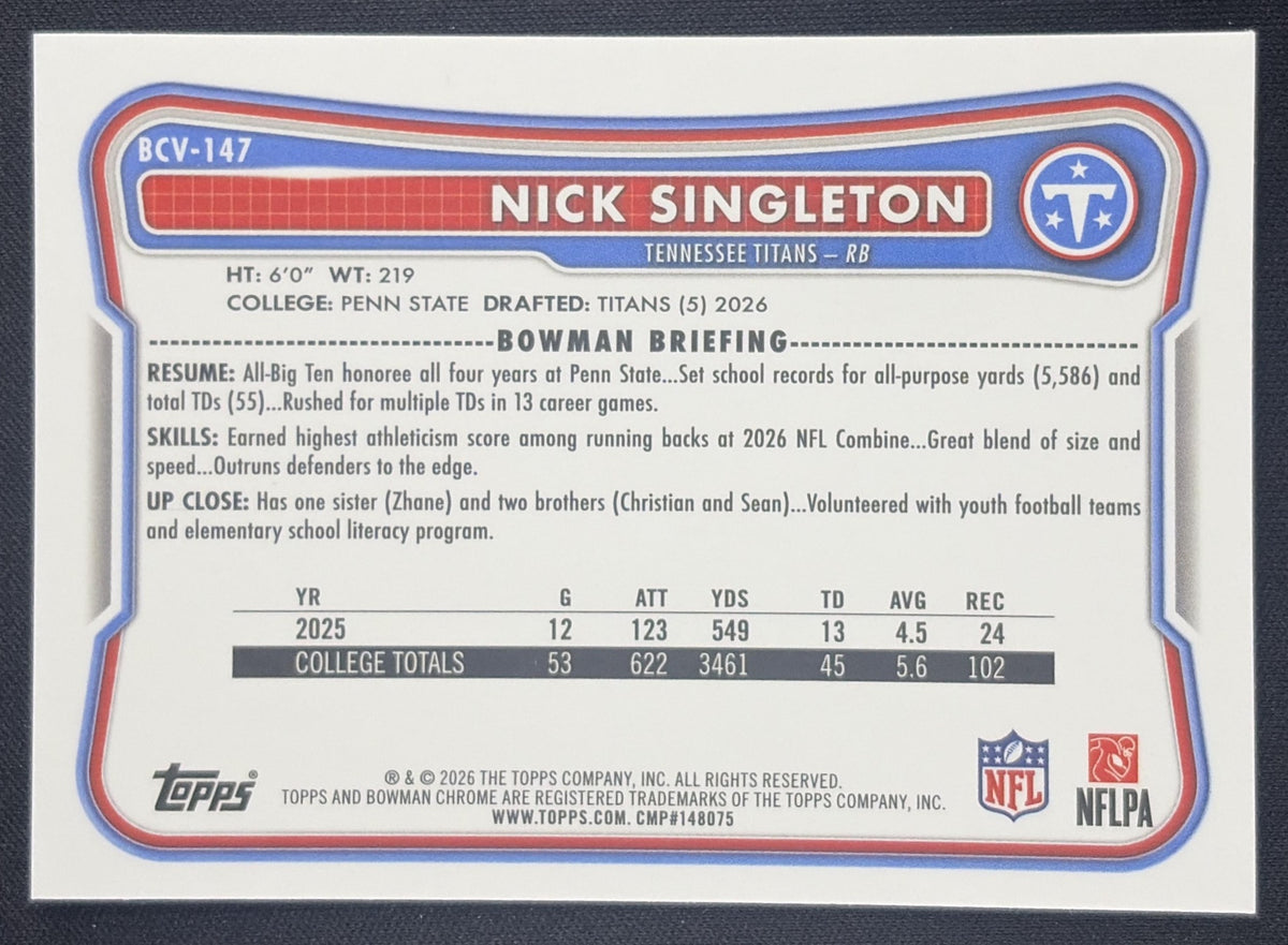 Nick Singleton 2026 Bowman Chrome NFL Mojo Refractor Titans
