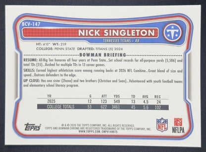 Nick Singleton 2026 Bowman Chrome NFL Mojo Refractor Titans