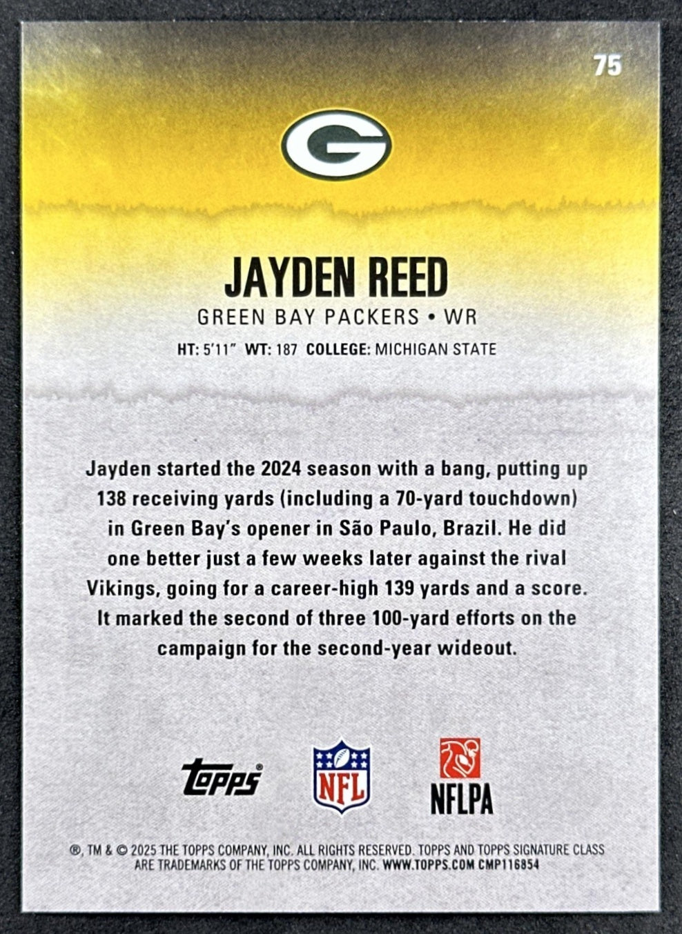 Jayden Reed 2025 Topps Signature Class Veteran Blue & Yellow Foil Packers back sports trading card