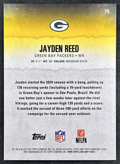 Jayden Reed 2025 Topps Signature Class Veteran Blue & Yellow Foil Packers back sports trading card