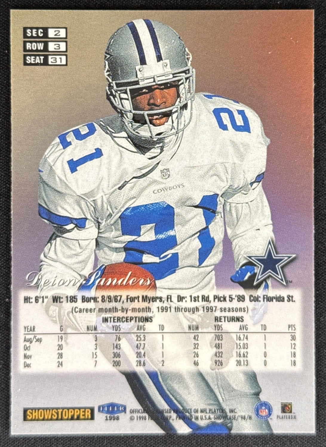 Deion Sanders 1998 Fleer Flair Showcase Row 3 Cowboys Sports Trading Card