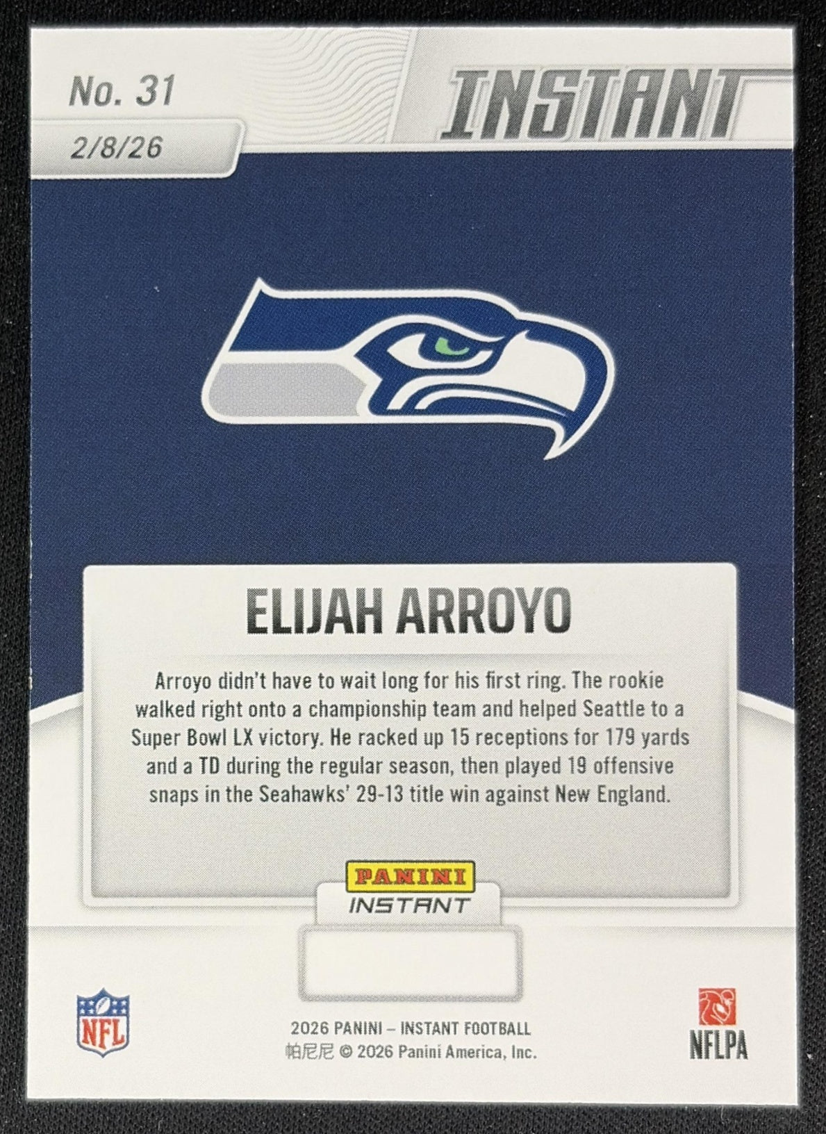Elijah Arroyo 2026 Panini Instant Super Bowl LIX Champions Seattle Seahawks back