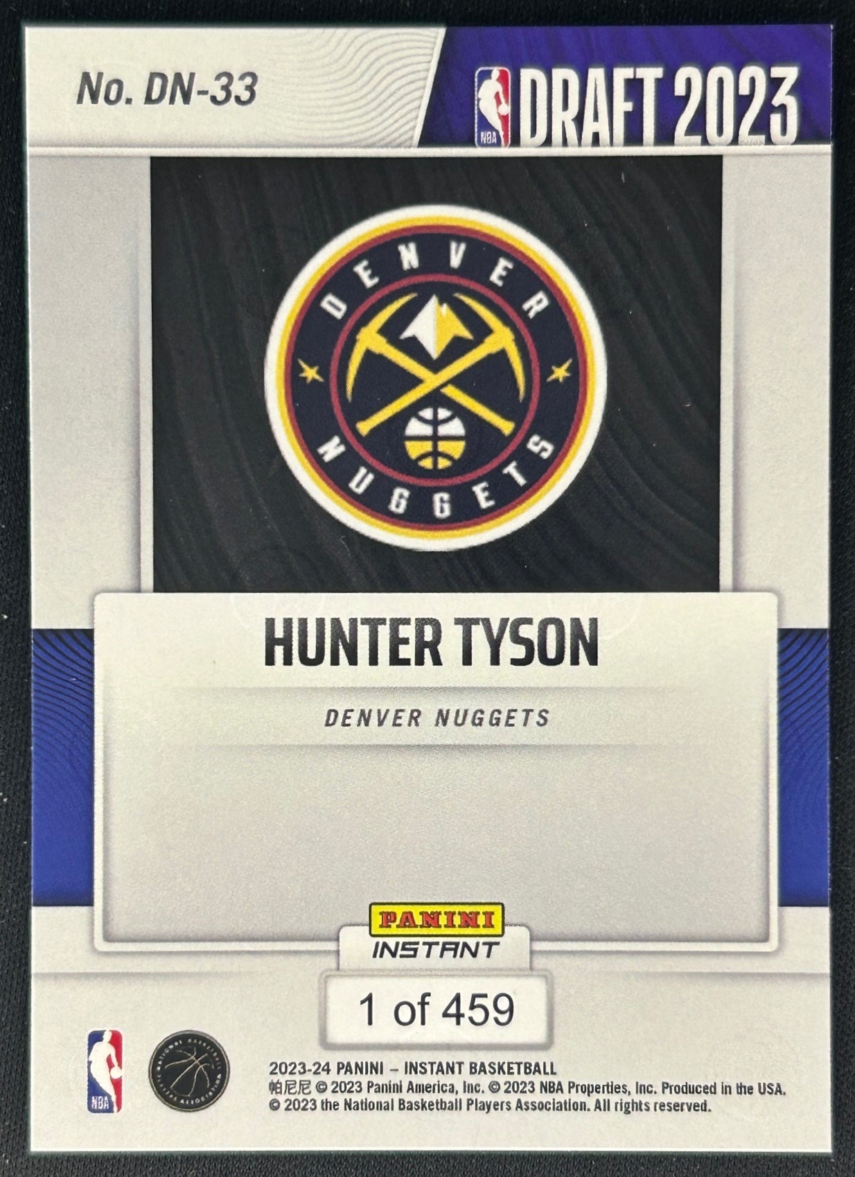 Hunter Tyson 2023 Panini Instant NBA Draft Night Nuggets Sports Trading Cards