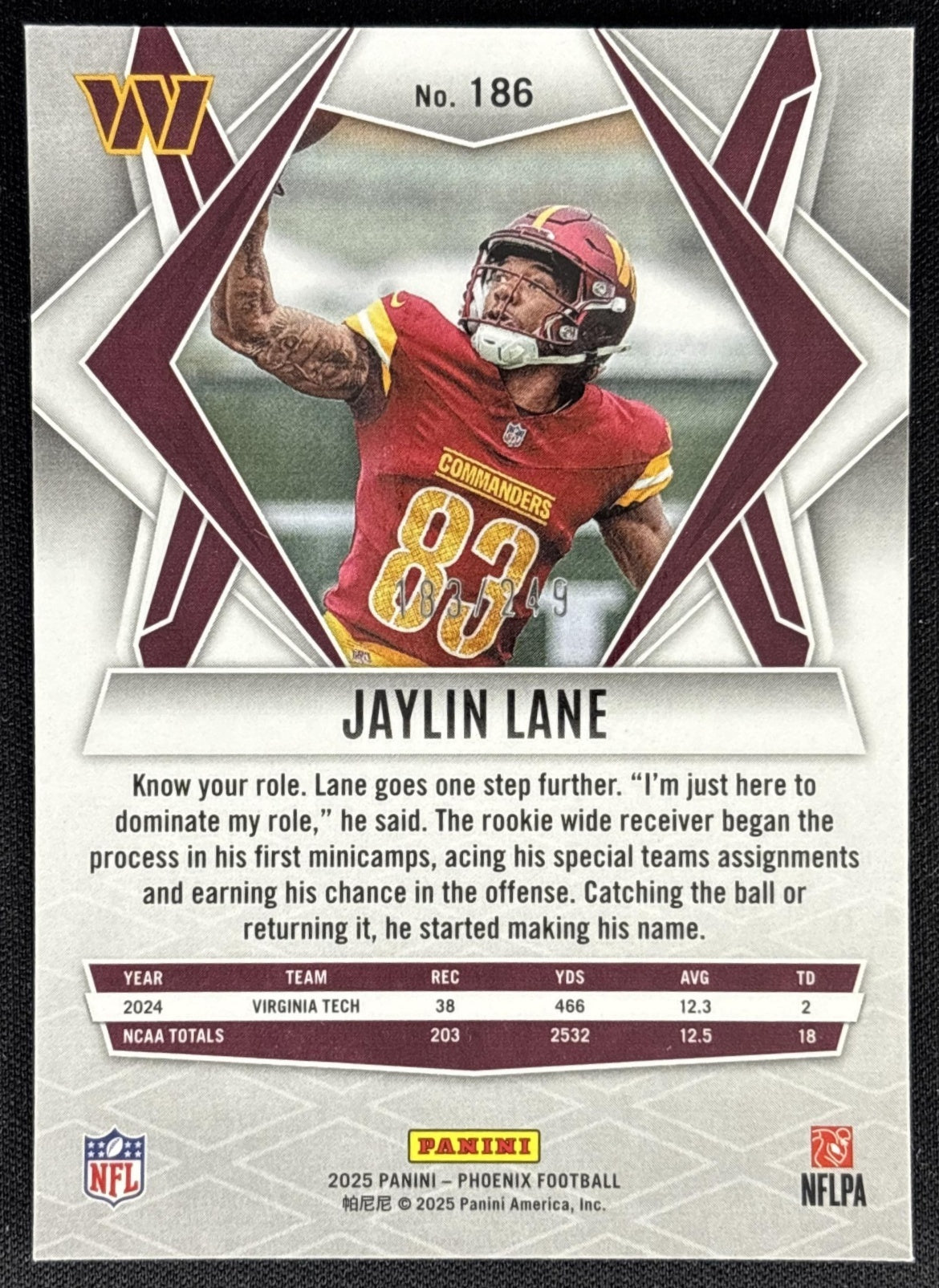 Jaylin Lane 2025 Panini Phoenix Purple Winter Prizm /249 Commanders
