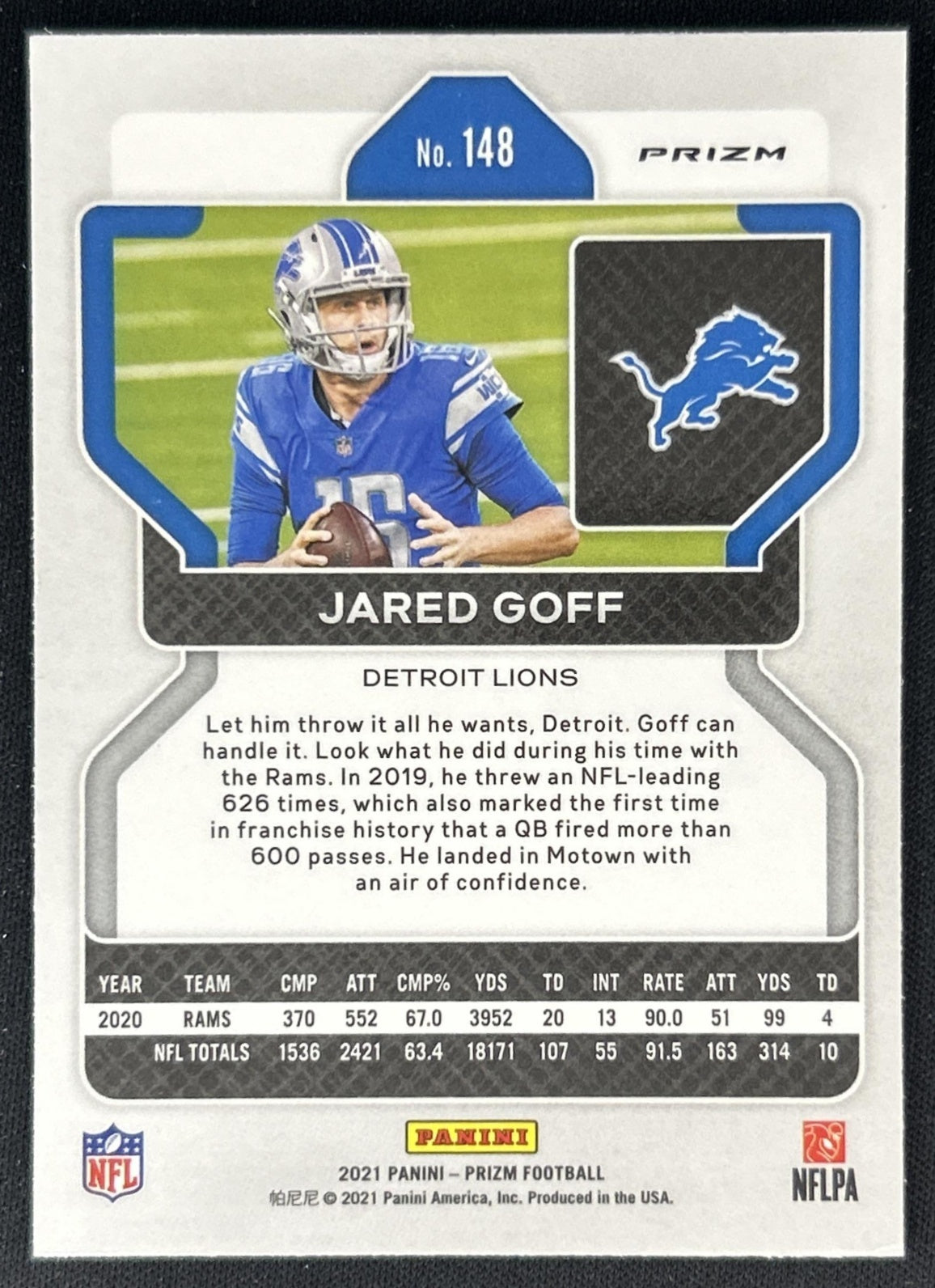 Jared Goff 2021 Panini Prizm Neon Green Pulsar Lions