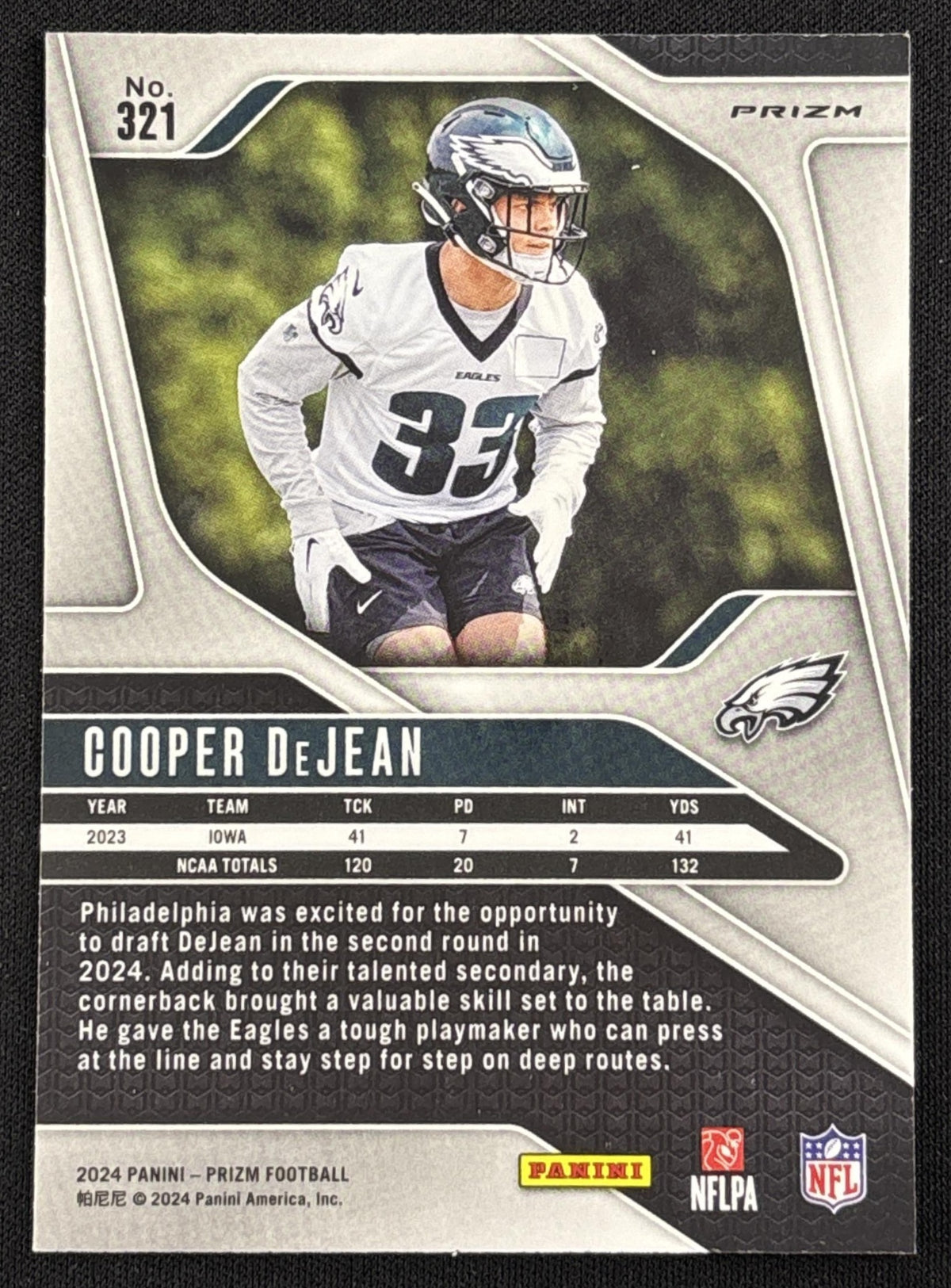 Cooper DeJean 2024 Panini Prizm Green Wave Prizm Eagles - Back