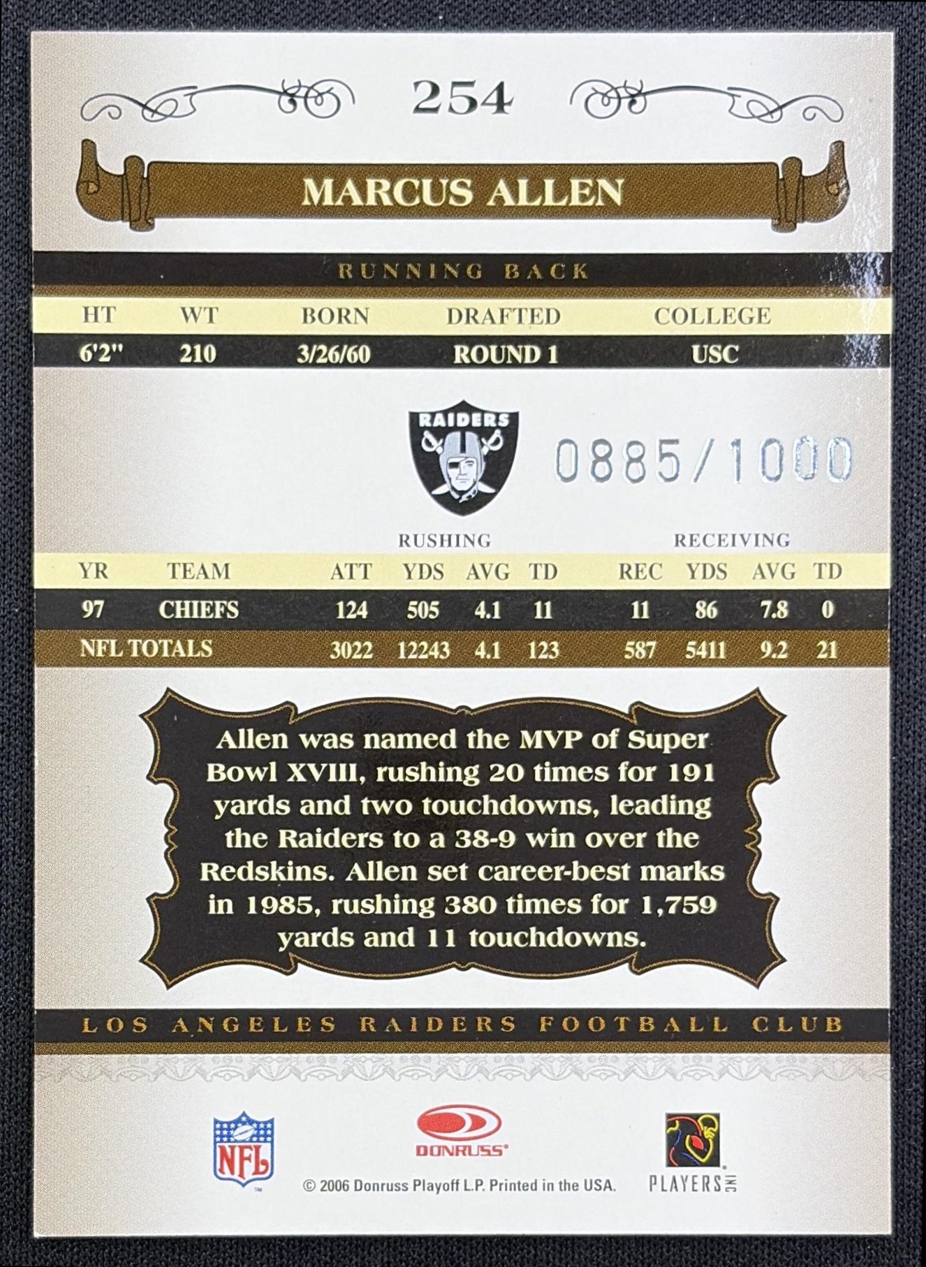 Marcus Allen 2006 Donruss Classics /1000 Raiders