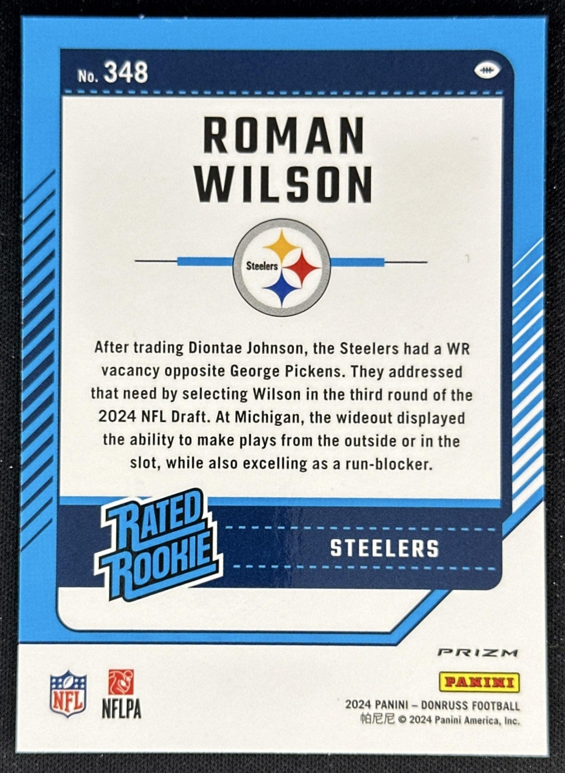 Roman Wilson 2024 Donruss Optic Rated Rookie Preview Red and Green Steelers back