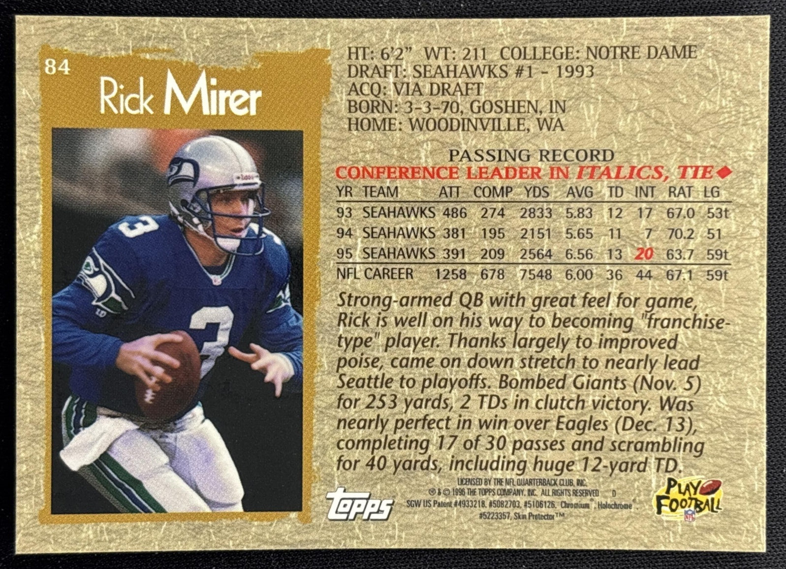 Rick Mirer 1996 Topps Chrome Seahawks Sports Trading Cards