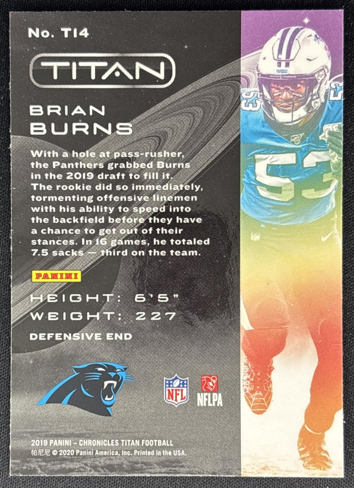 Brian Burns 2019 Panini Chronicles Titan Panthers Back
