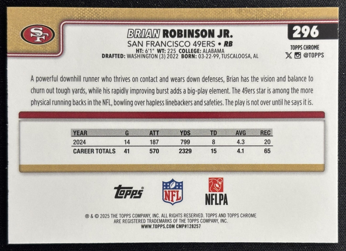 Brian Robinson Jr. 2025 Topps Chrome Pulsar Refractor 49ers Sports Trading Cards
