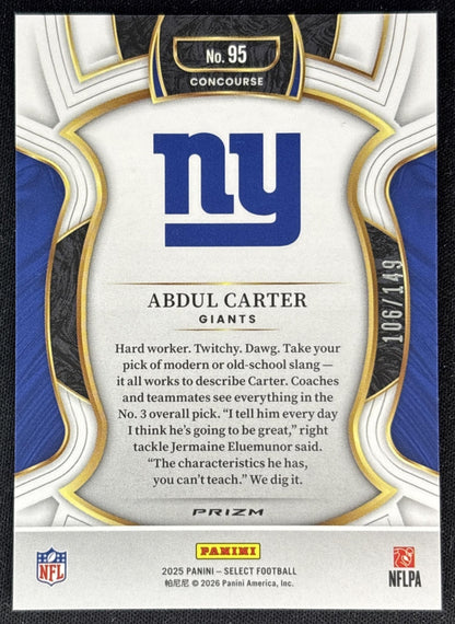 Abdul Carter 2025 Panini Select Concourse Marron Prizm /149 Giants back