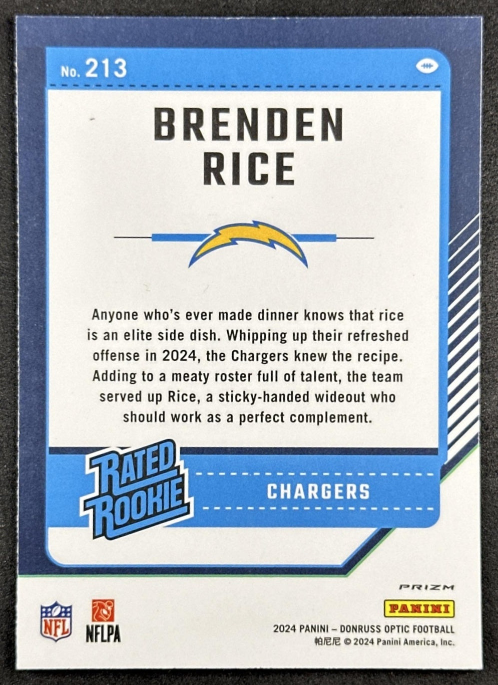 Brenden Rice 2024 Panini Donruss Optic Purple Shock Chargers Back