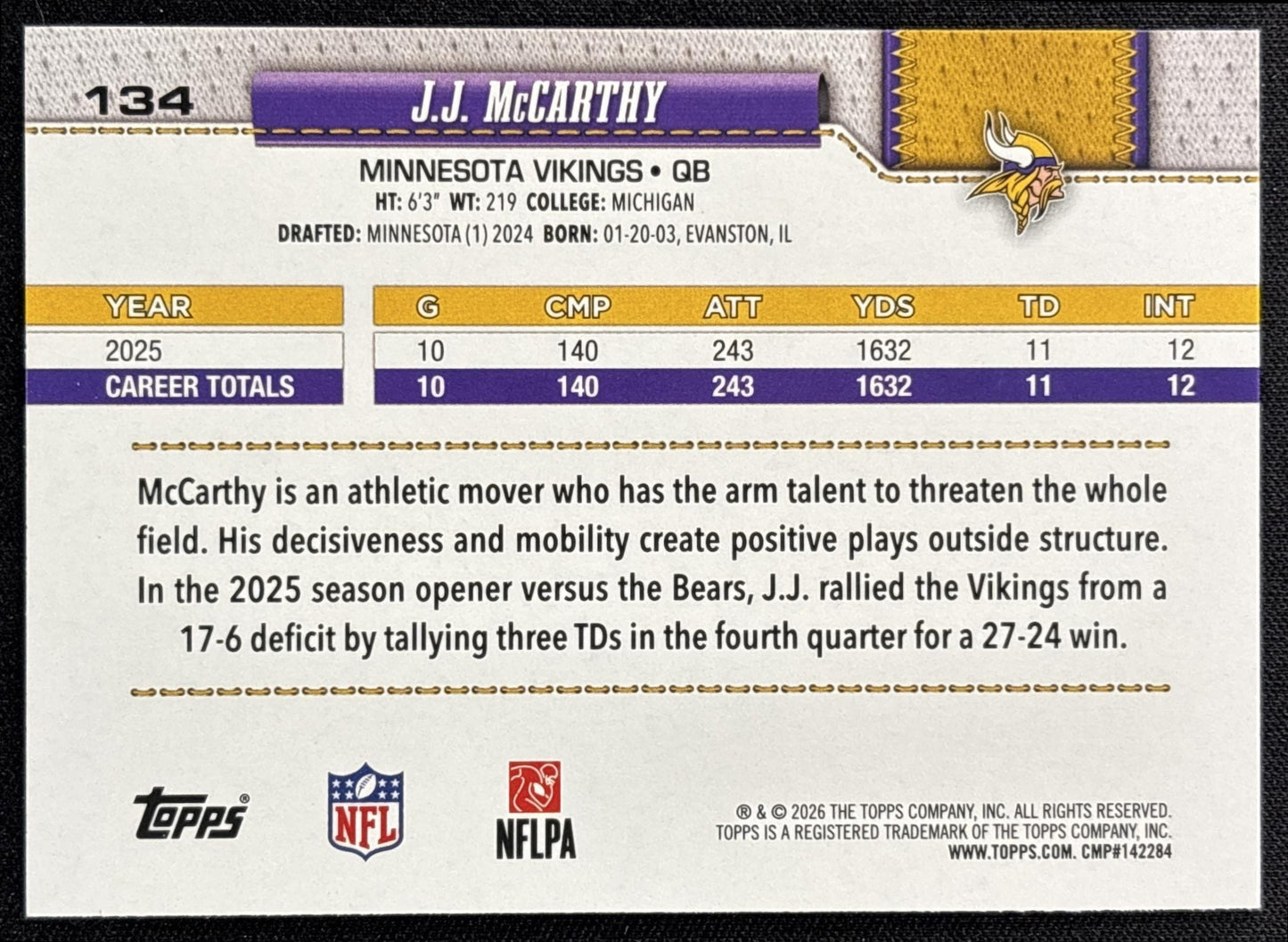 J.J. McCarthy 2026 Topps Football Leather Foil Vikings