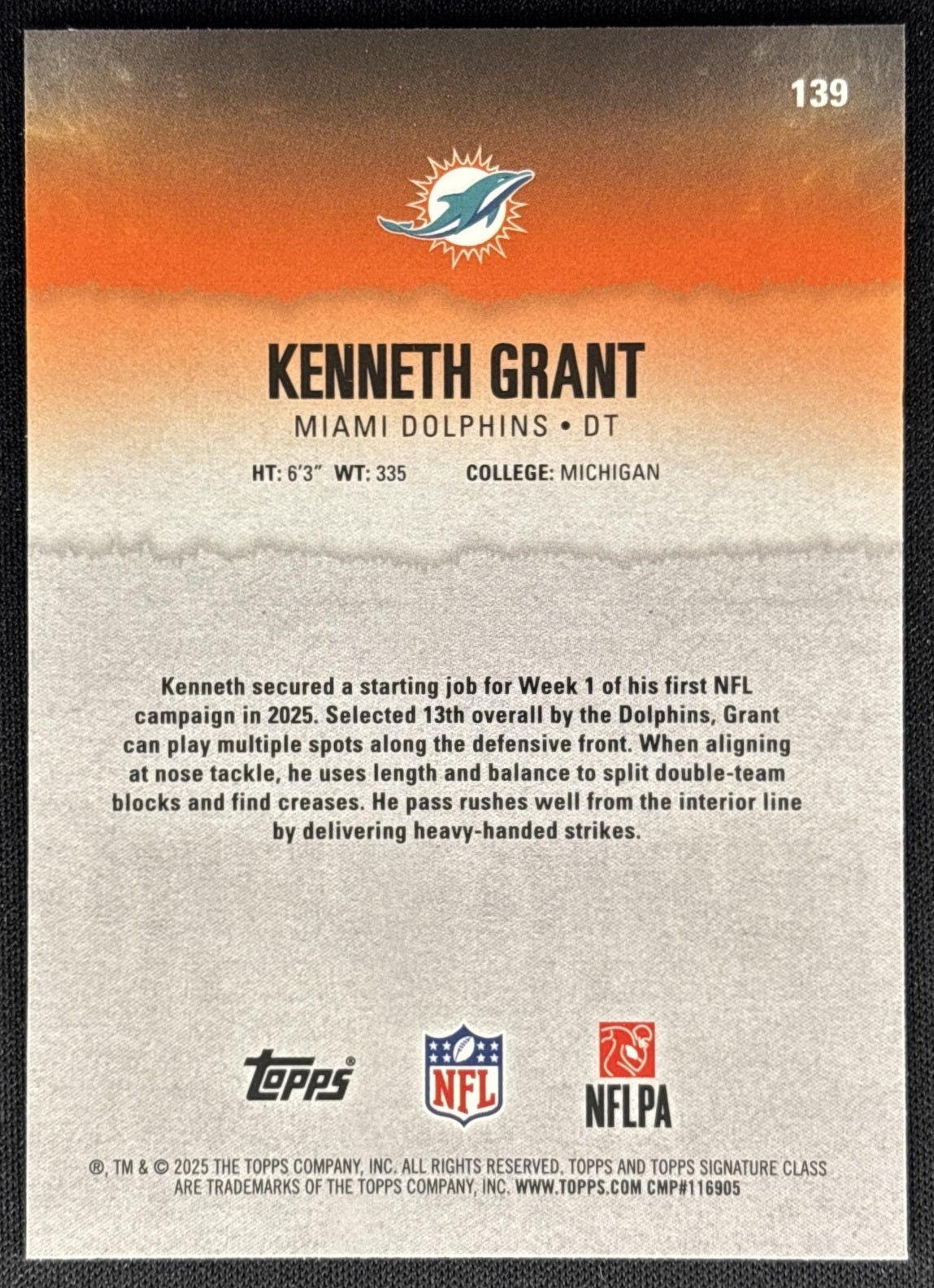 Kenneth Grant 2025 Topps Signature Class Chrome Rookie Dolphins Sports Trading Cards