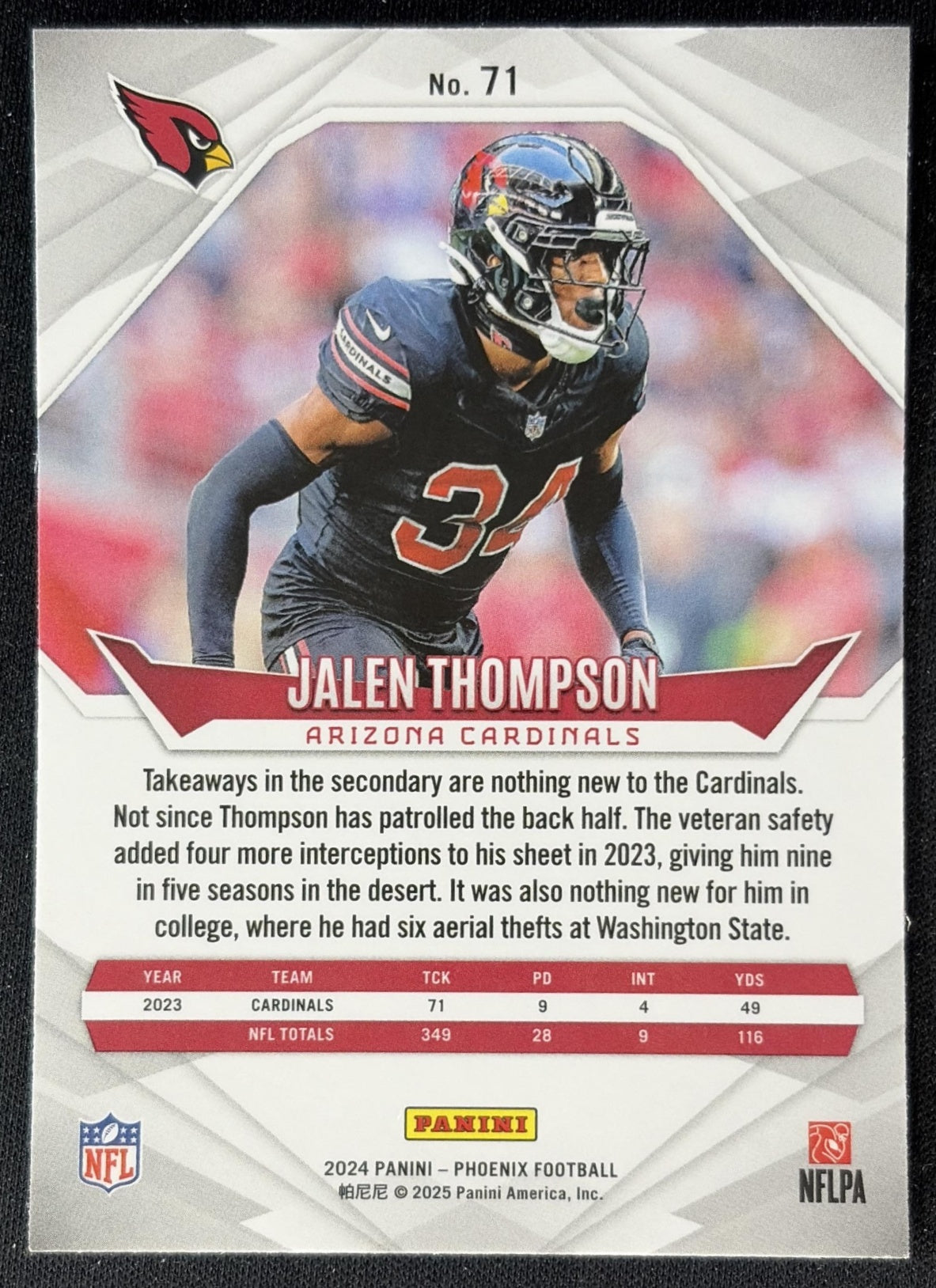 Jalen Thompson 2024 Panini Phoenix International Cardinals back
