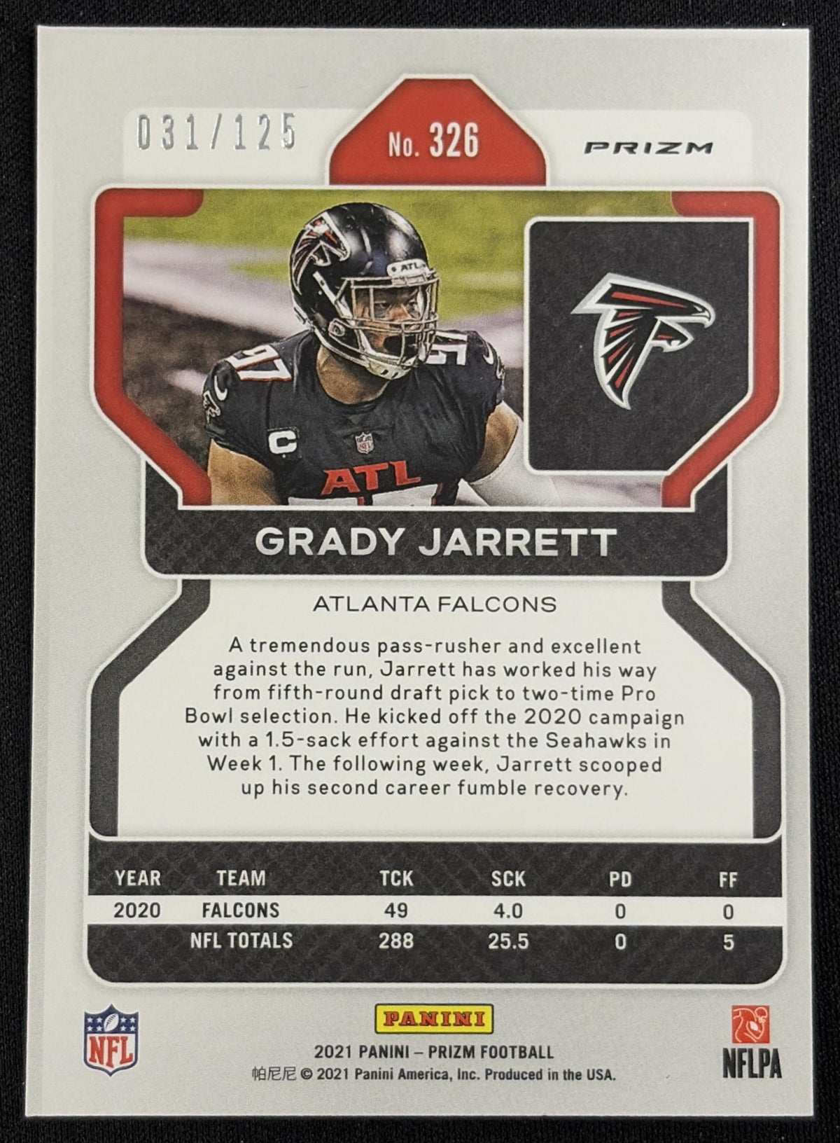 Grady Jarrett 2021 Panini Prizm Purple /125 Falcons Sports Trading Card