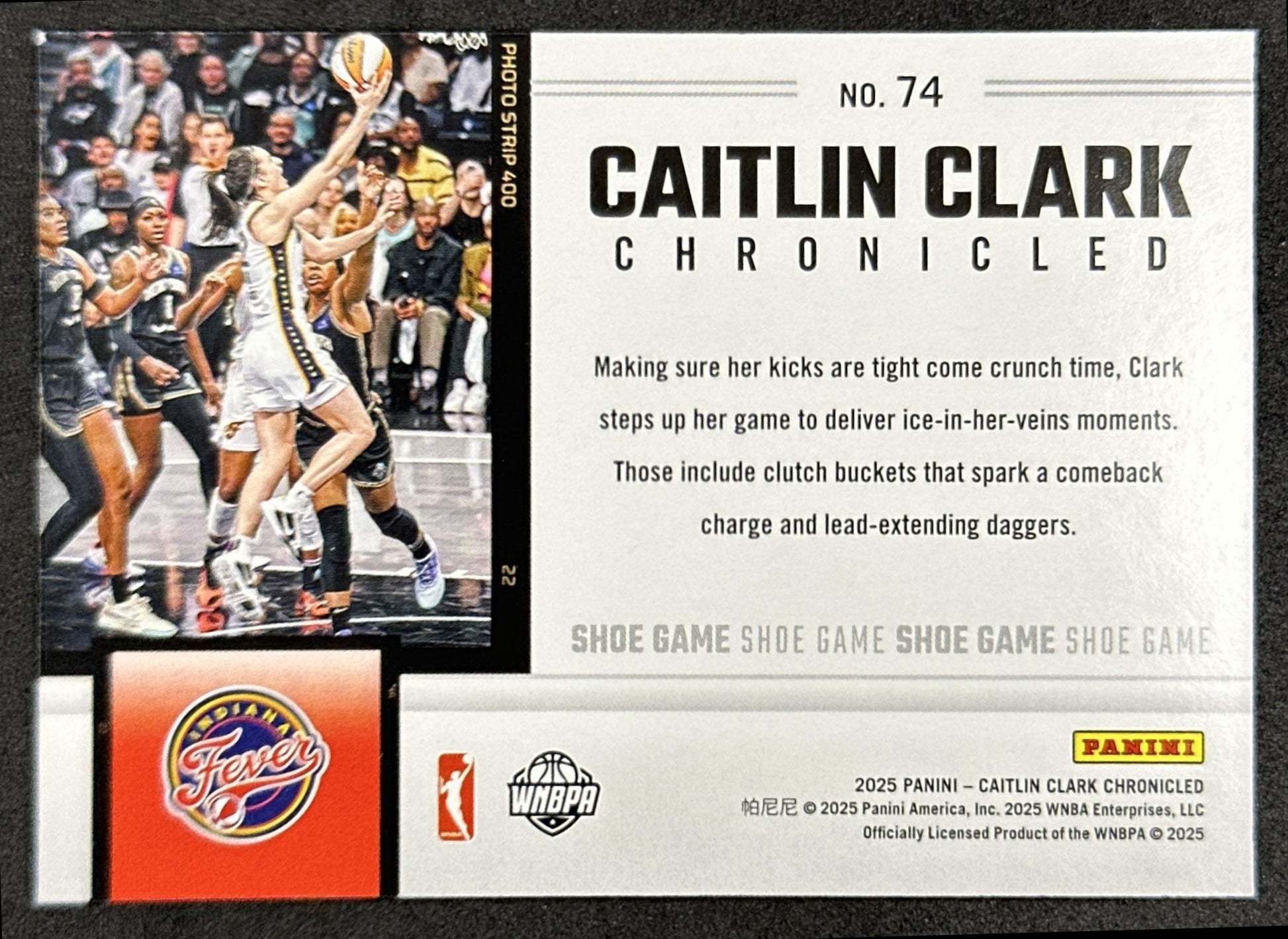 Caitlin Clark 2025 Panini Chronicled Shoe Game Holo Fever 74 Indiana Fever